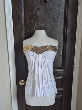 Sky White Strapless Top with Gold Sequin Trim